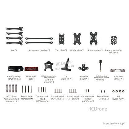 Package contents layout for Wind5 Lite V2 frame kit: arms, plates, battery straps, mounts, screws