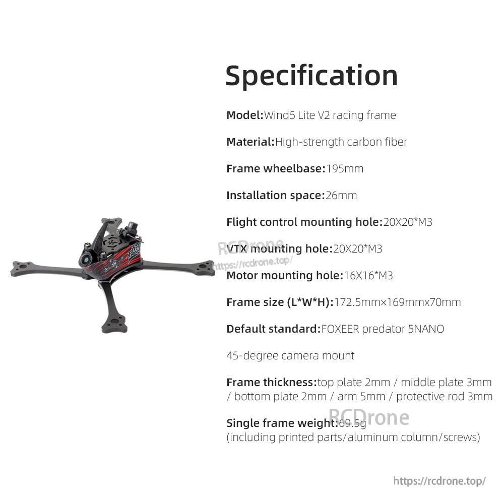 Specification sheet for Wind5 Lite V2 racing frame: 195mm wheelbase, 20x20 M3 mounts, 16x16 motor holes