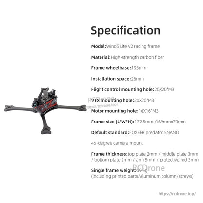 Specification sheet for Wind5 Lite V2 racing frame: 195mm wheelbase, 20x20 M3 mounts, 16x16 motor holes