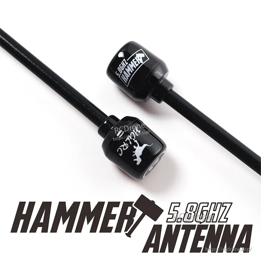 HGLRC Mini Hammer 5.8GHz FPV drone antenna close-up with black ABS radome and coax lead