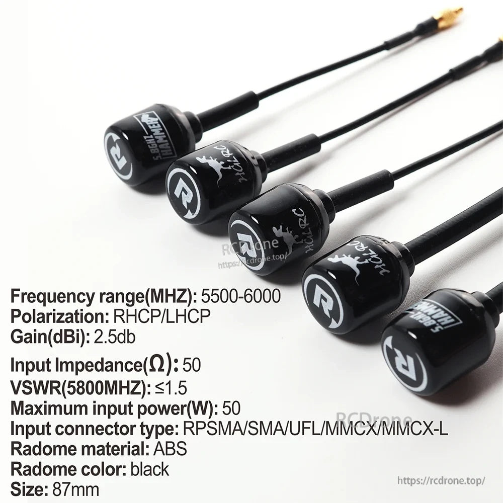 HGLRC Mini Hammer antenna lineup with printed specs: 5500–6000MHz, RHCP/LHCP, 2.5dBi, 50Ω