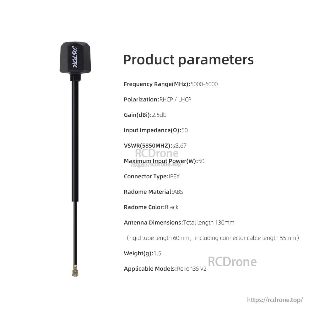 HGLRC Mini Hammer Antenna V2 with product parameters for 5.0–6.0 GHz FPV video, IPEX connector