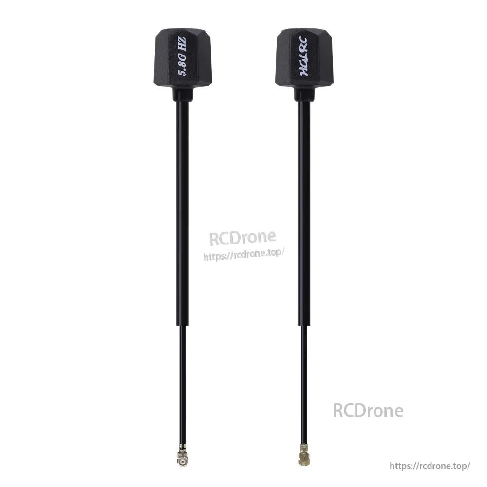Pair of HGLRC Mini Hammer antennas labeled 5.8G and HGLRC, black radome with long cable and IPEX end