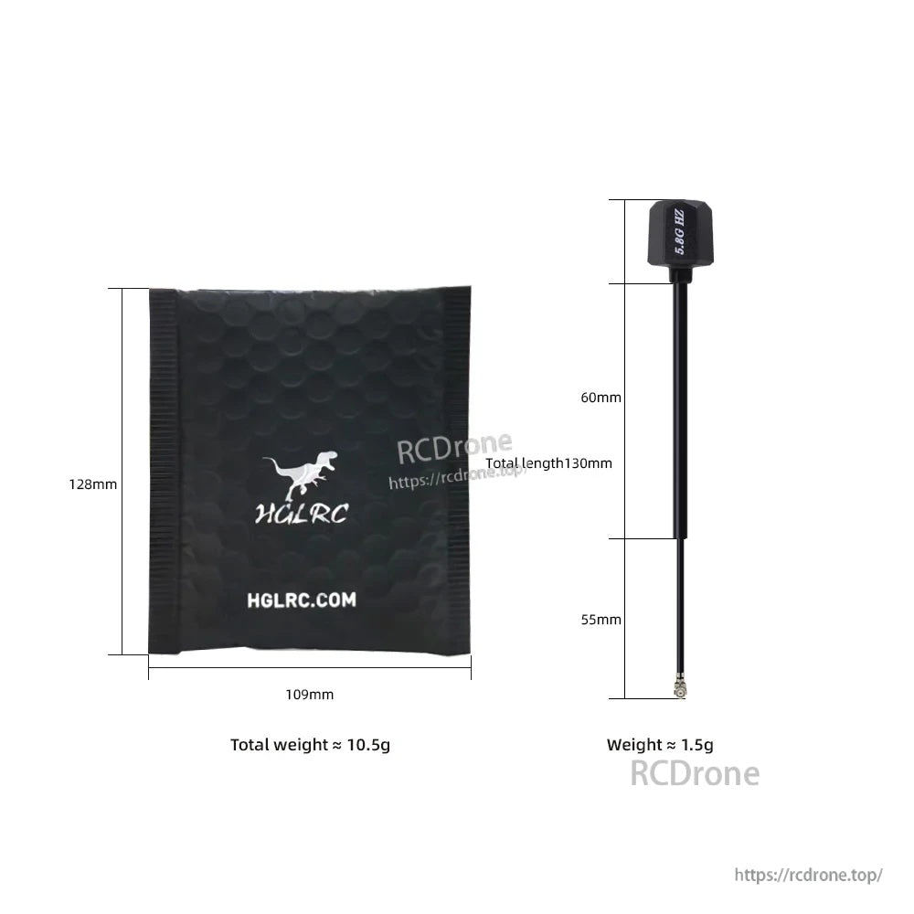 Package and size chart with 109×128 mm bag, 130 mm antenna length, 60 mm rigid tube, 55 mm cable, 1.5 g