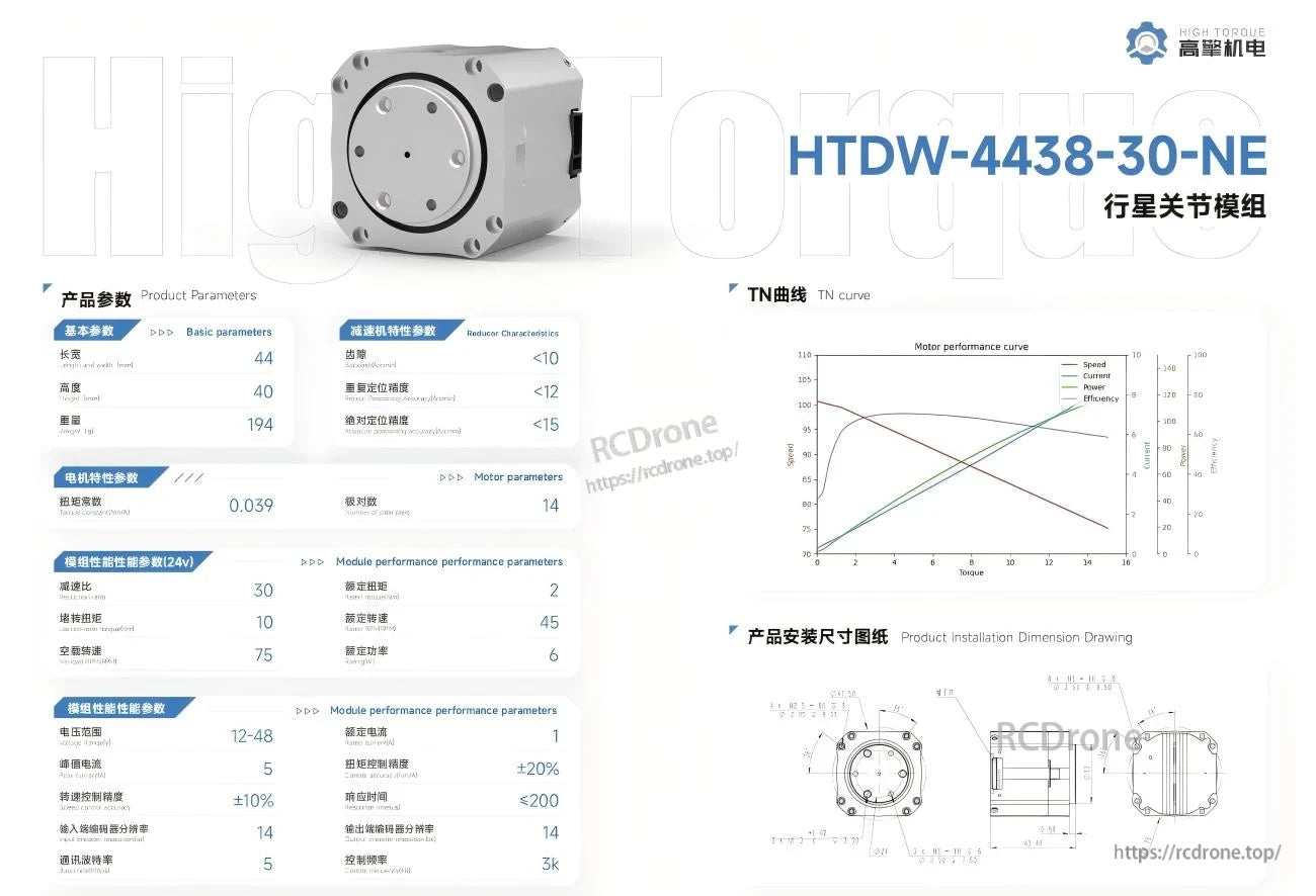 HTDW-4438-30-NE motor module specifications sheet with performance curve and installation dimension drawing