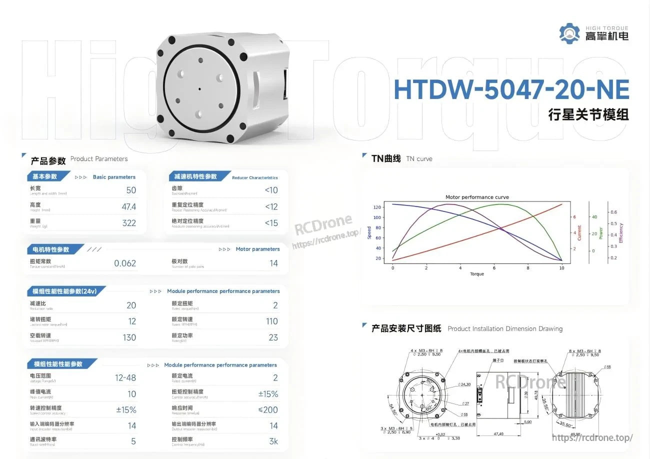 HTDW-5047-20-NE motor module specification sheet showing TN curve, product parameters, and dimension drawing