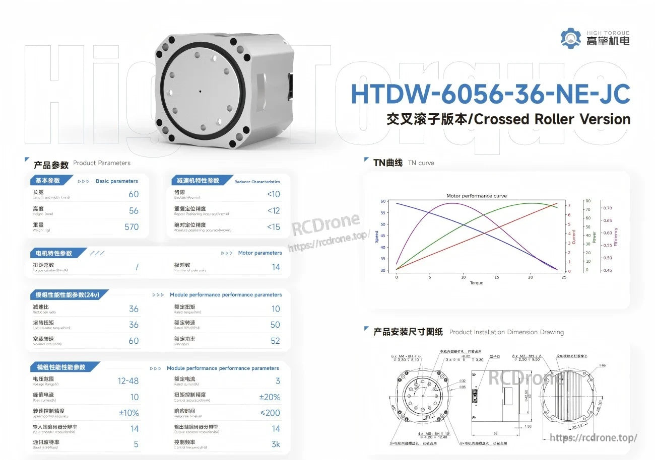 HTDW-6056-36-NE-JC crossed roller version spec sheet with motor parameters, TN curve, and installation dimensions
