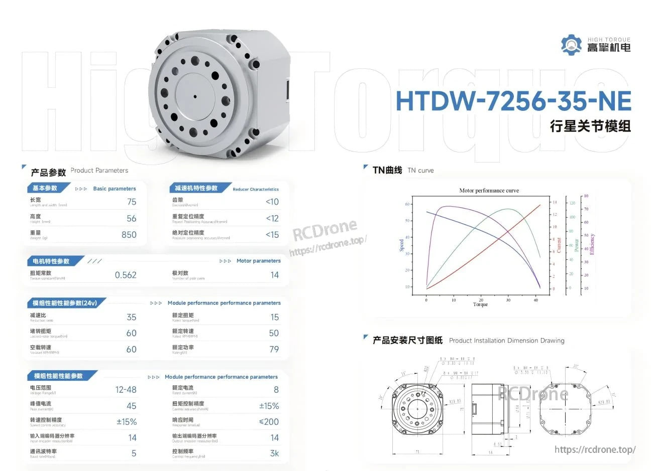 HTDW-7256-35-NE motor module parameter chart with TN curve and installation dimension drawing
