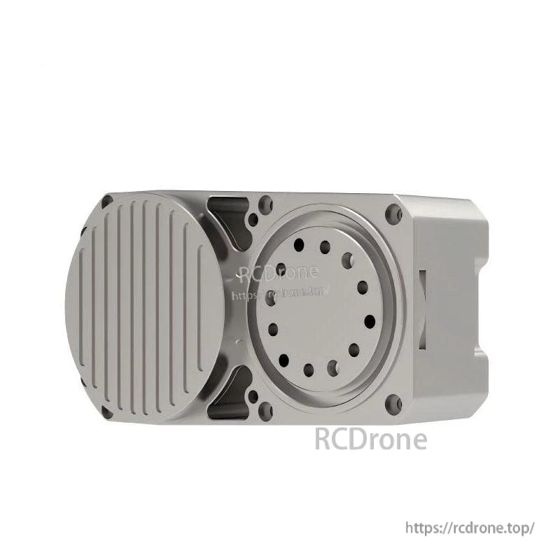 Angled view of motor module housing with circular flange bolt pattern, shown with RCDrone watermark