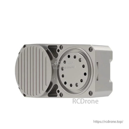 Angled view of motor module housing with circular flange bolt pattern, shown with RCDrone watermark