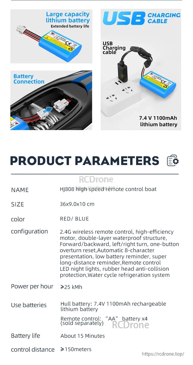 HJ808 RC Boat, HJ808 high-speed RC boat with 2.4G remote, USB-charged battery, LED lights, waterproof design, 150m range, automatic reset, low battery alert, and anti-collision protection.