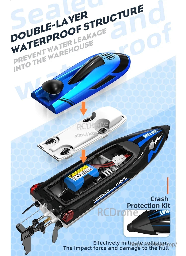 HJ808 RC Boat features double-layer waterproofing, sealed design, crash protection, and 2.4 GHz remote control for excellent durability and performance. (20 words)