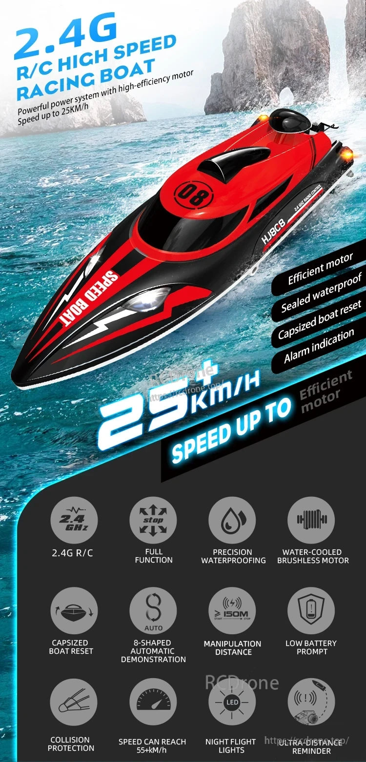 HJ808 RC Boat, High-speed 2.4G RC racing boat with waterproof design, LED lights, long-range control, collision protection, auto reset, and battery alert for night use. Speed: 25+ km/h.