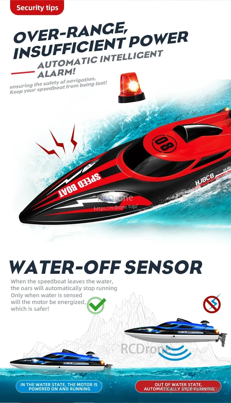HJ808 RC Boat, The RC speedboat features low-power and over-range alarms for safety, plus a water-off sensor that stops the motor outside water to prevent damage.