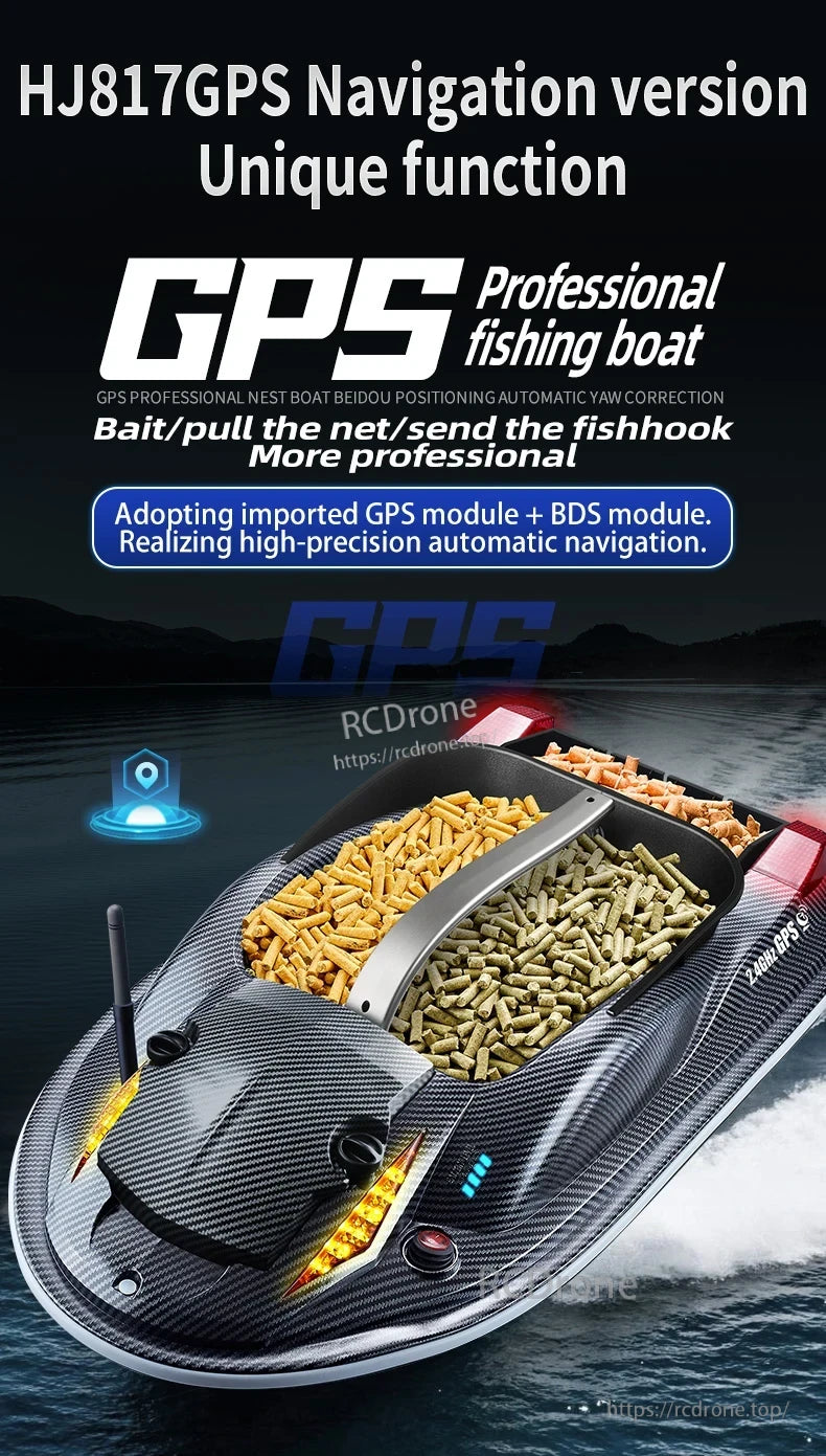 HJ817 RC Fishing Boat with GPS Navigation features professional-use functions like Beidou positioning, auto yaw correction, and bait/pull/send hooks.