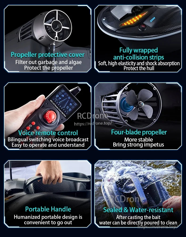 HJ817 RC Fishing Boat, Durable, water-resistant drone with bilingual voice remote, four-blade propeller, portable handle, and protection against debris and collisions for stable, easy operation.