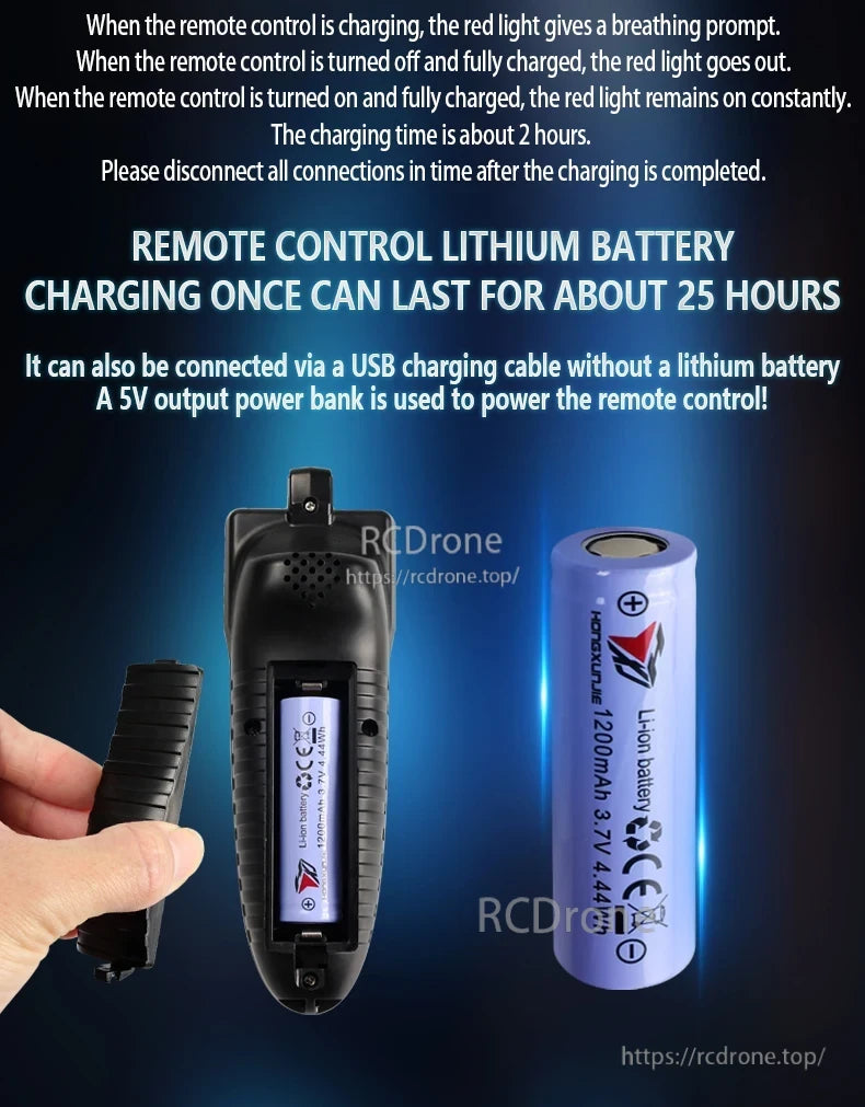 HJ817 RC Fishing Boat, Remote control charges via USB, takes 2 hours, lasts 25 hours; red light pulses while charging, stays on when turned on after.