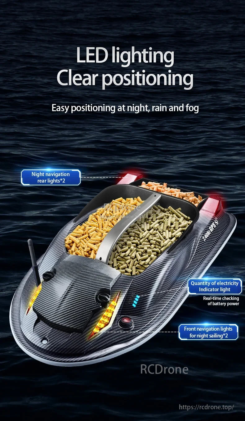 HJ817 RC Fishing Boat, LED lighting for clear night positioning, battery indicator, front and rear navigation lights.