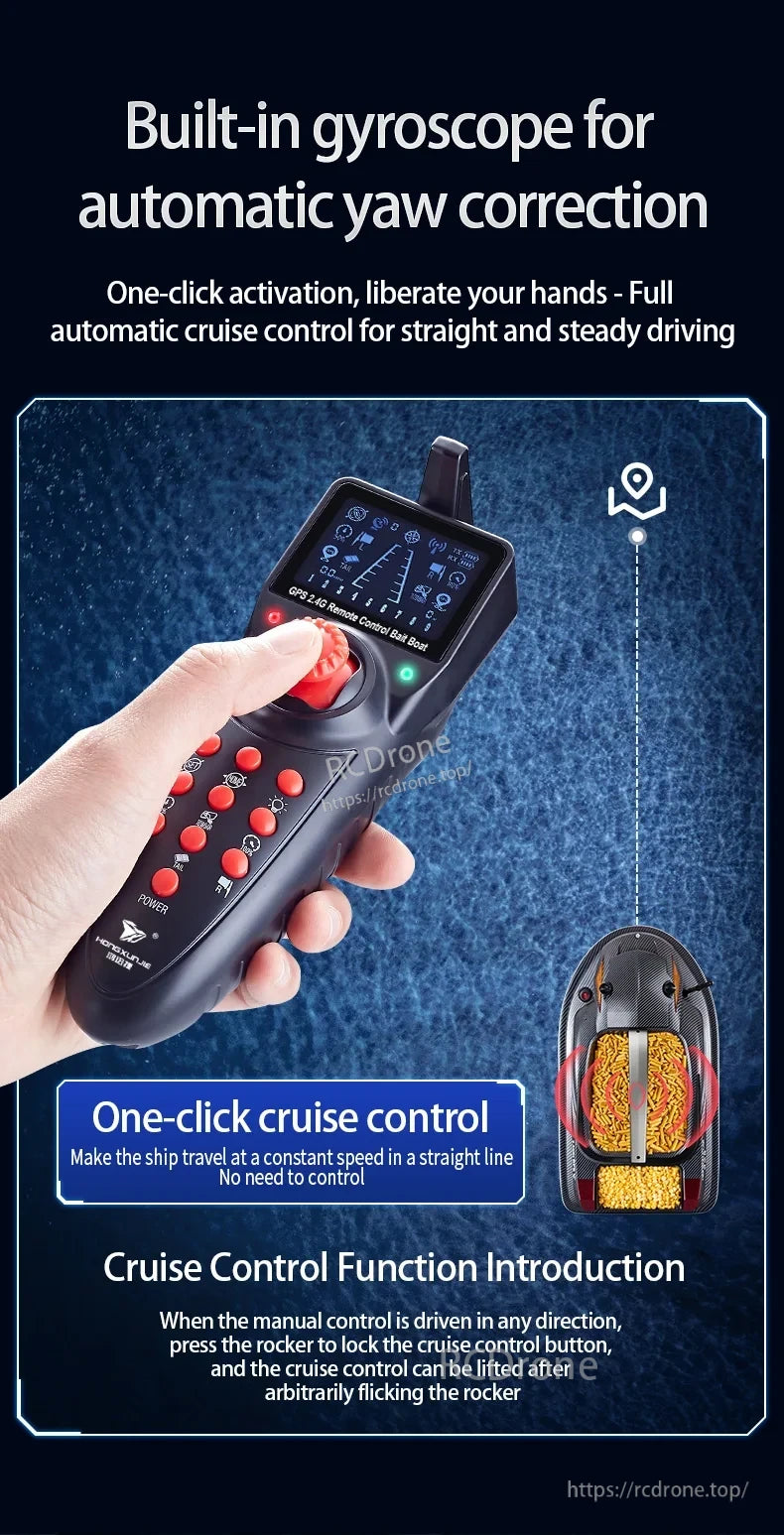 HJ817 RC Fishing Boat, Built-in gyroscope enables automatic yaw correction. One-click cruise control ensures straight, steady driving. Activate with a single press; no manual control needed. Lock via rocker for constant speed navigation.
