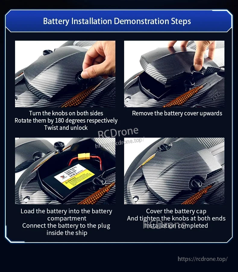 HJ817 RC Fishing Boat, Turn knobs 180°, remove cover, insert battery, connect plug, close cap, tighten knobs. Installation complete.