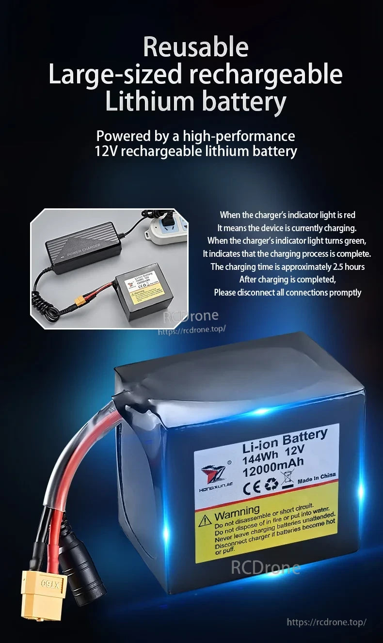 HJ817 RC Fishing Boat, 12V 12000mAh rechargeable lithium battery, 144Wh. Charges in 2.5 hrs (red/green light). Do not disassemble, short, or expose to fire/water. Made in China.