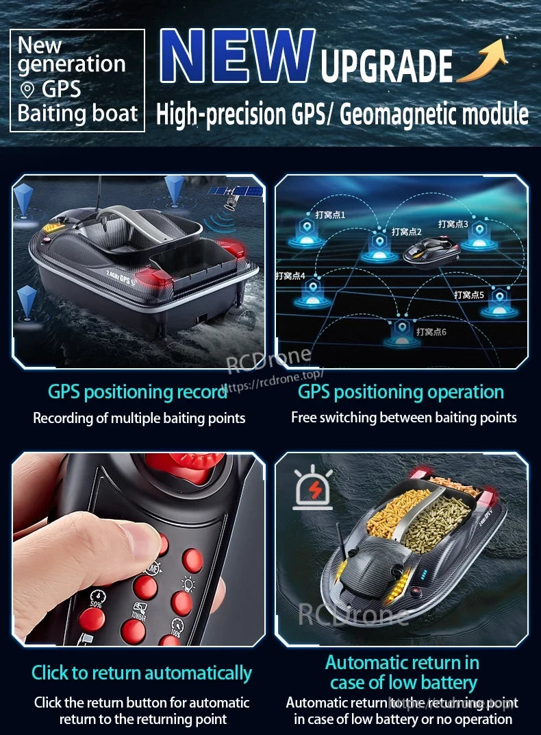 HJ817 RC Fishing Boat, High-precision GPS boat with geomagnetic module for precise positioning and multiple baiting point recording.