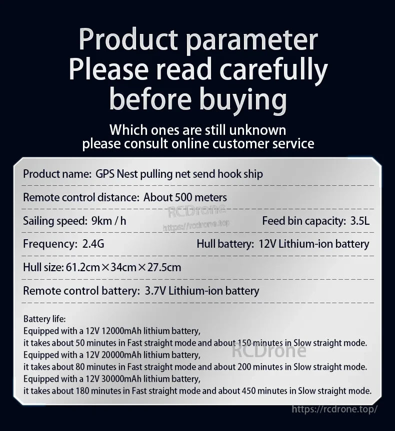 HJ817 RC Fishing Boat, GPS Nest product features: remote control distance up to 500m, 9km/h sailing speed, 3.5L feed bin capacity.