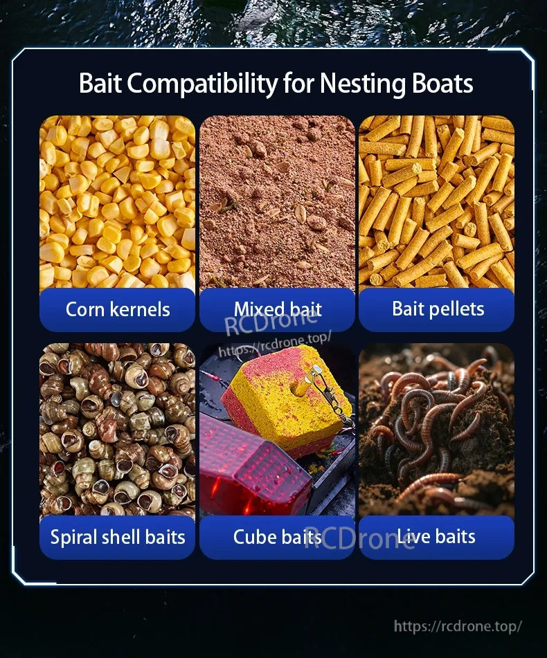 HJ817 RC Fishing Boat, Compatible baits for nesting boats include corn, mixed, pellets, spiral shell, cube, and live baits.