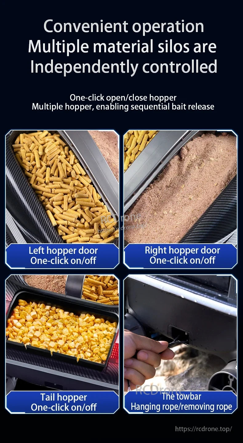 HJ817 RC Fishing Boat, Easily operate with independent silo controls, one-click hopper doors, tail hopper for sequential bait release, and a towbar for rope attachment or removal.