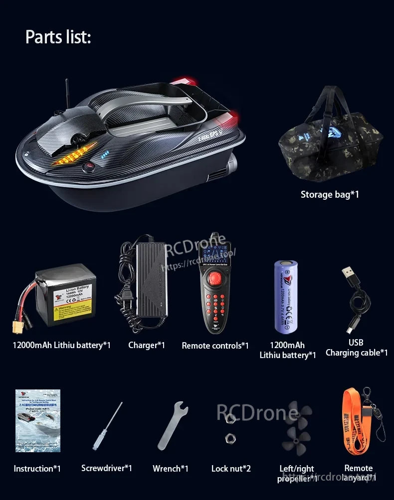 HJ817 RC Fishing Boat, RC fishing boat with remote control, dual batteries (12000mAh/1200mAh), charger, USB cable, tools, propeller, lanyard, storage bag, and instructions for operation and maintenance.
