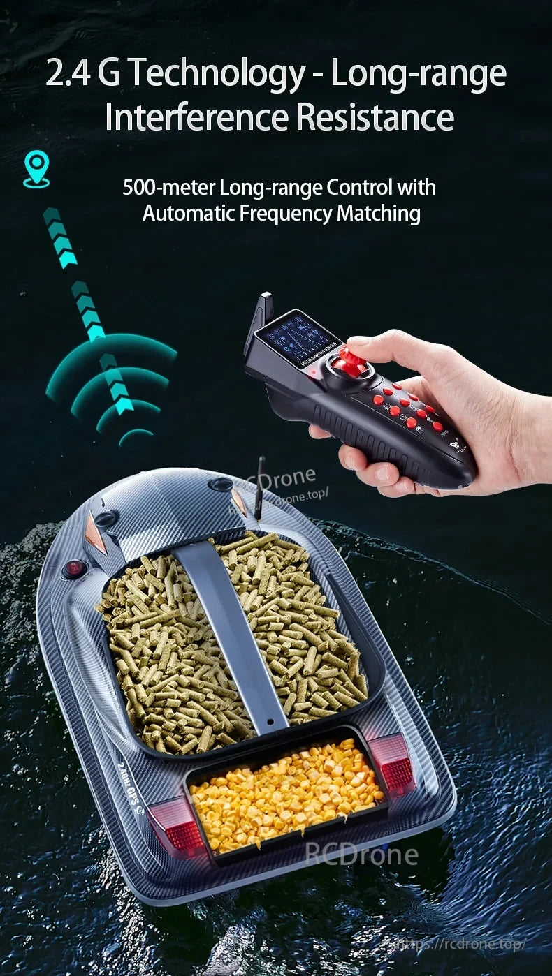 HJ817 RC Fishing Boat, 2.4G technology enables 500-meter remote control, automatic frequency matching, and strong interference resistance for reliable long-range fishing boat operation.