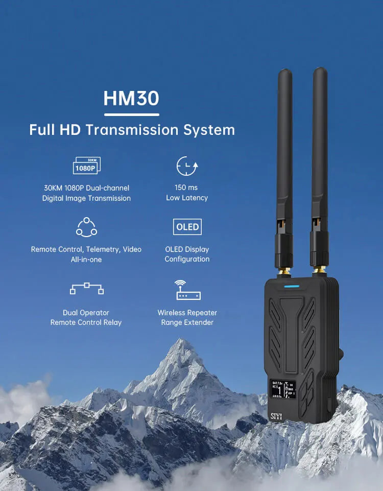 Long-range 1080p video transmission system with low latency and dual-channel capabilities.