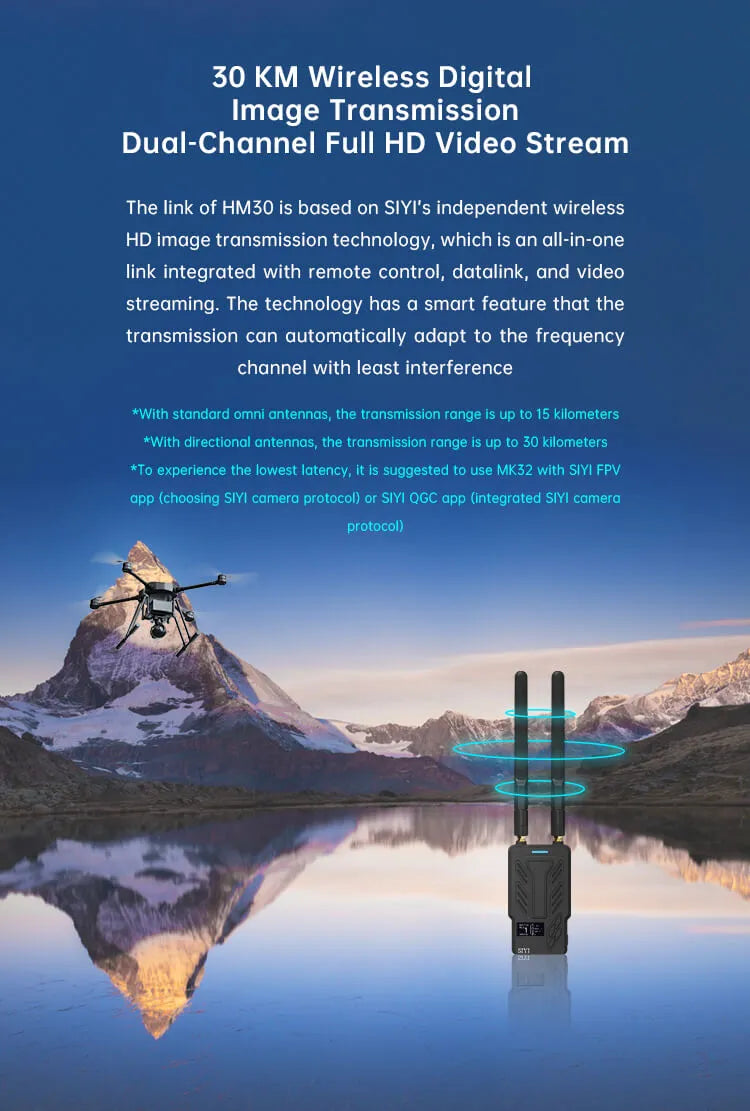 Wireless image transmission system for full HD video streaming up to 15/30 km with smart frequency adaptation.