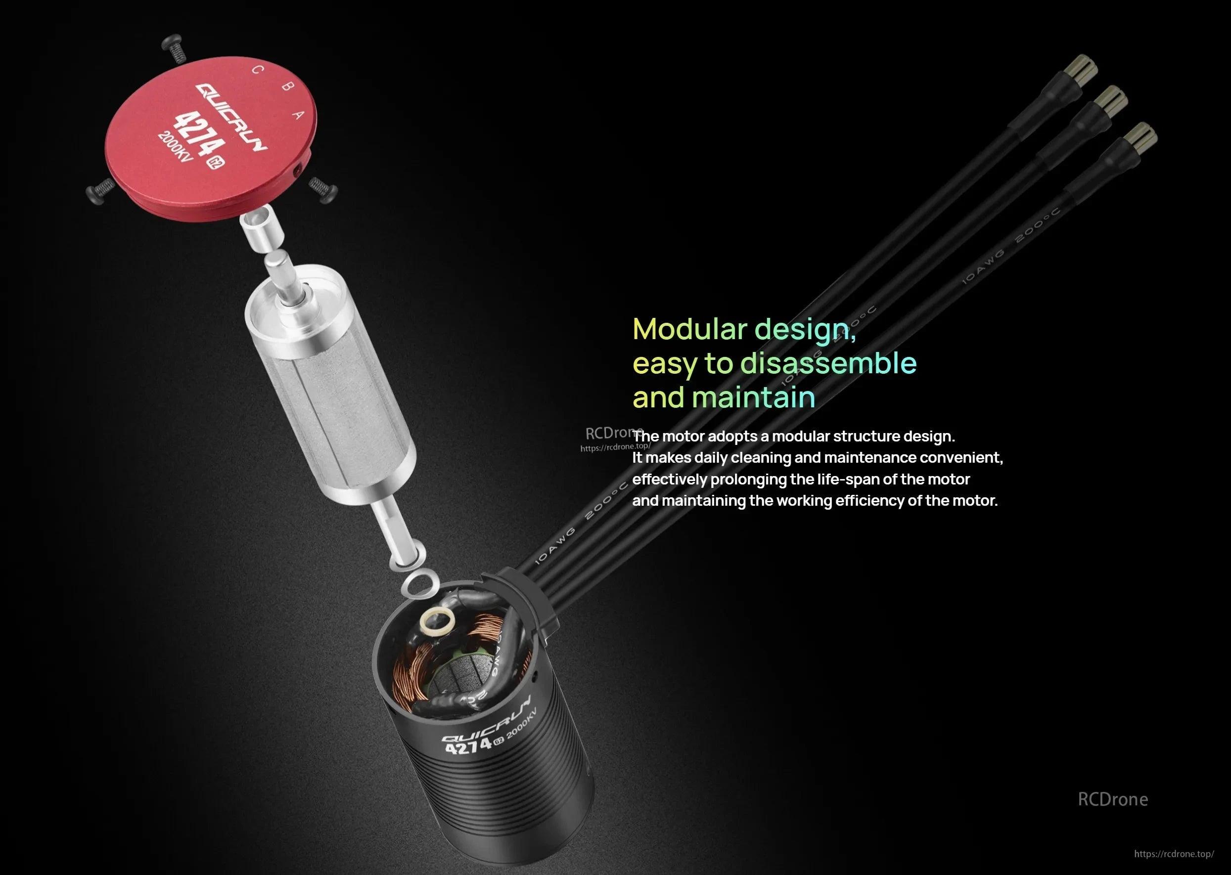 Exploded view of Hobbywing QUICRUN 4274 2000KV brushless motor with modular rotor and three bullet leads