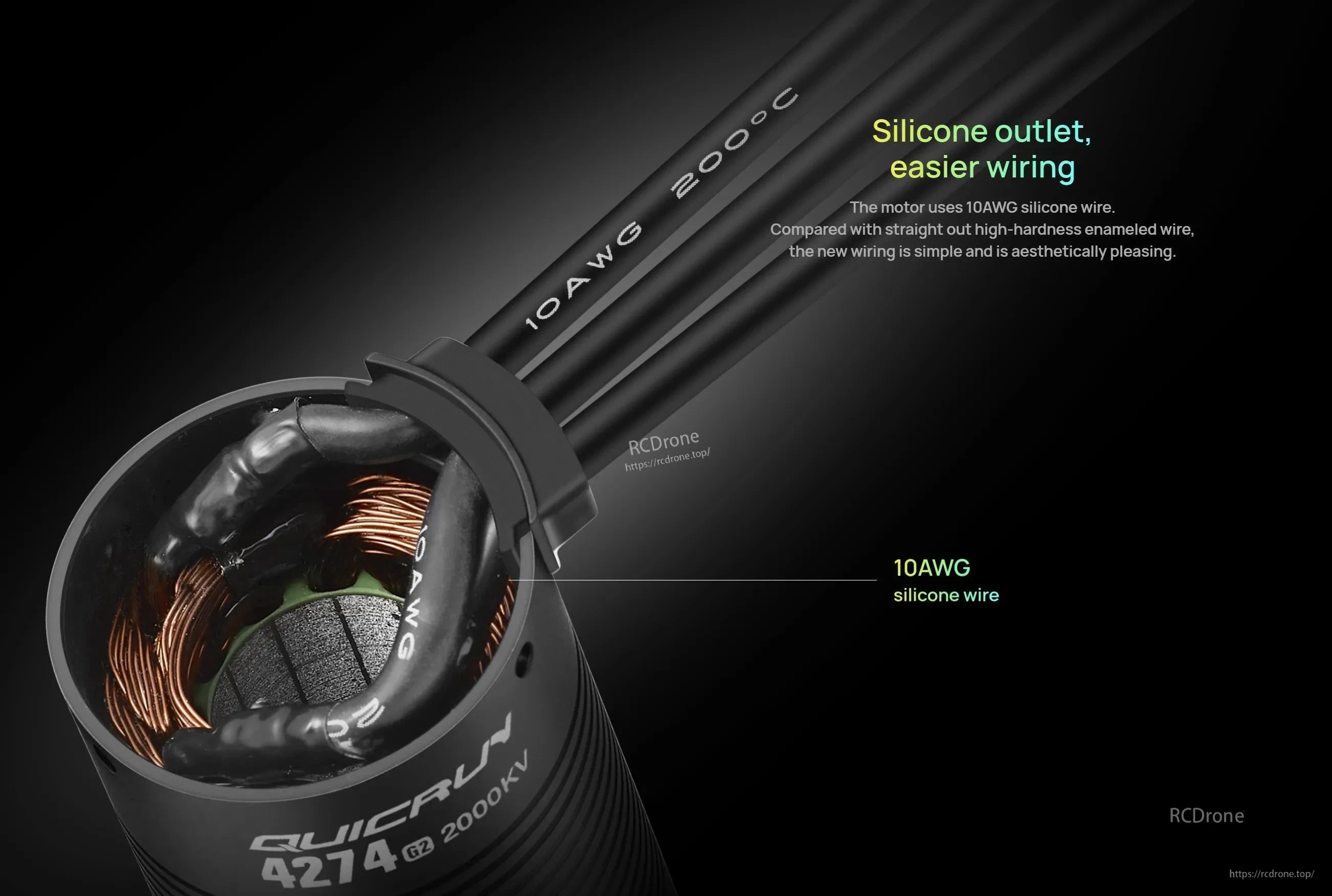 Hobbywing QUICRUN 4274 G2 2000KV brushless motor close-up with 10AWG silicone wire leads