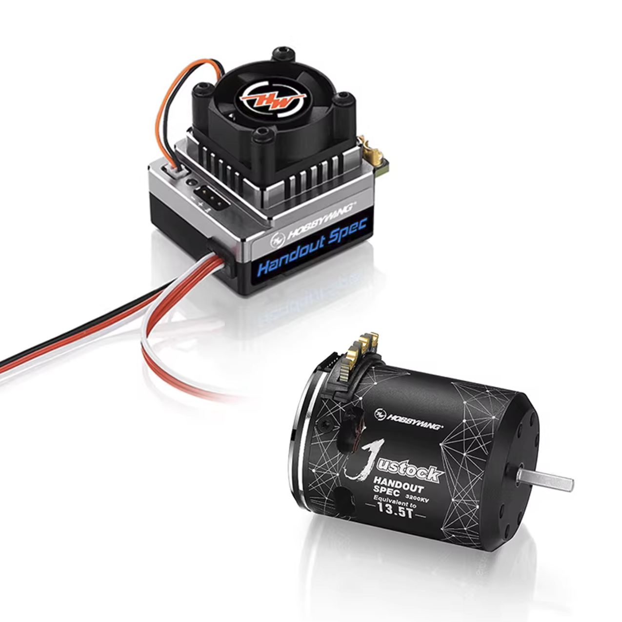 HOBBYWING XeRun Justock HandOut Spec Motor, Hobbywing Handout Spec ESC with cooling fan and Justock brushless motor labeled 3200KV (13.5T equivalent)