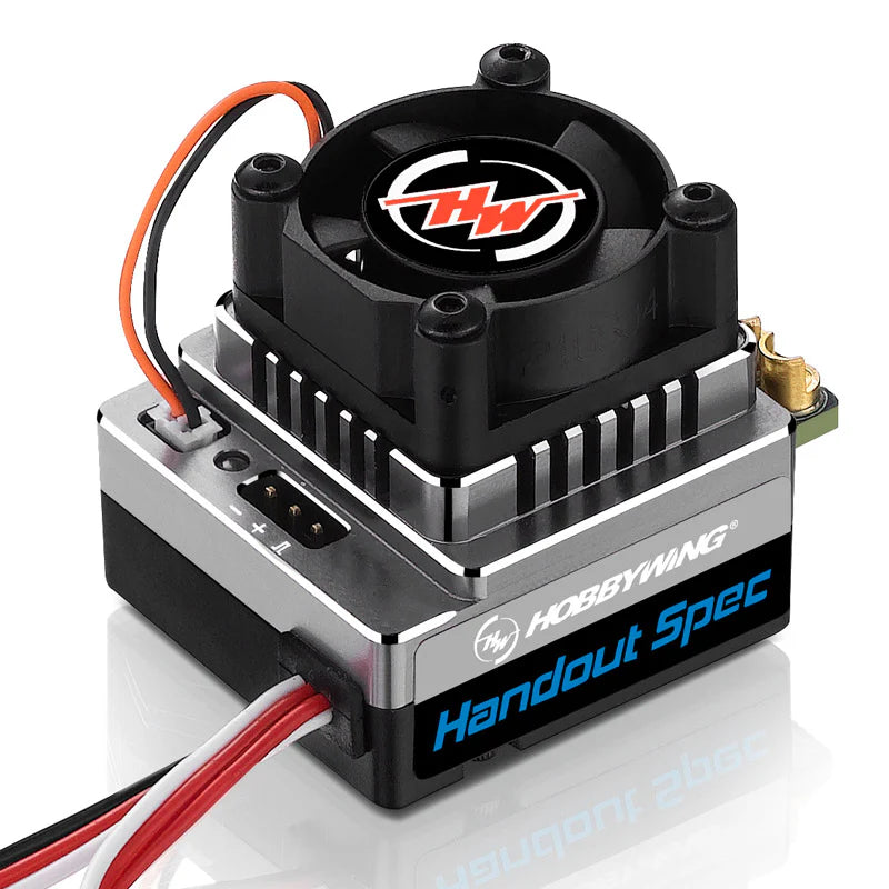 HOBBYWING XeRun Justock HandOut Spec Motor, Hobbywing Handout Spec RC electronic speed controller with top cooling fan and red/black power wires