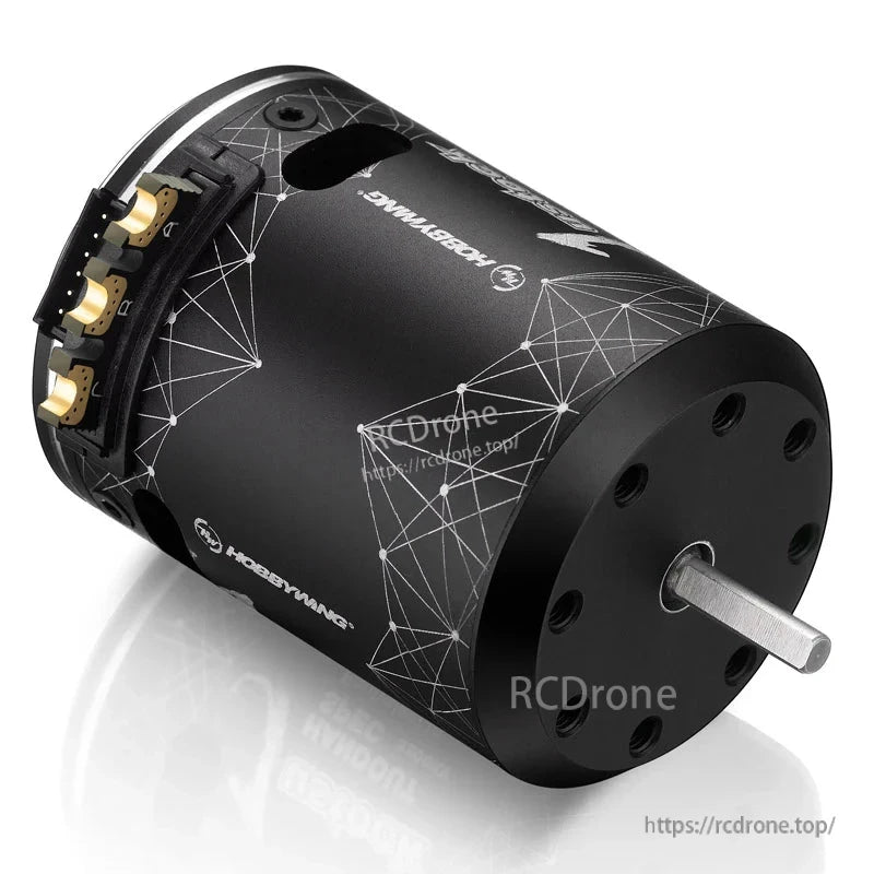 HOBBYWING XeRun Justock HandOut Spec Motor, HOBBYWING XeRun Justock brushless motor with 3 solder tabs, black can design, and protruding steel shaft