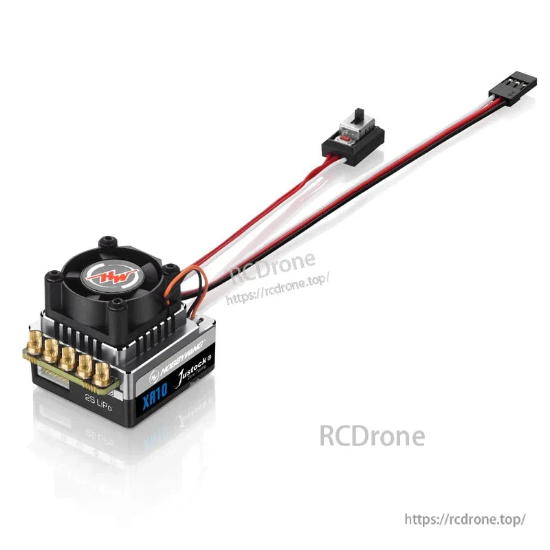 HOBBYWING XeRun Justock HandOut Spec Motor, Hobbywing XR10 Justock brushed ESC with cooling fan, on/off switch, 2S LiPo label, and receiver lead