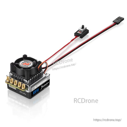HOBBYWING XeRun Justock HandOut Spec Motor, Hobbywing XR10 Justock brushed ESC with cooling fan, on/off switch, 2S LiPo label, and receiver lead