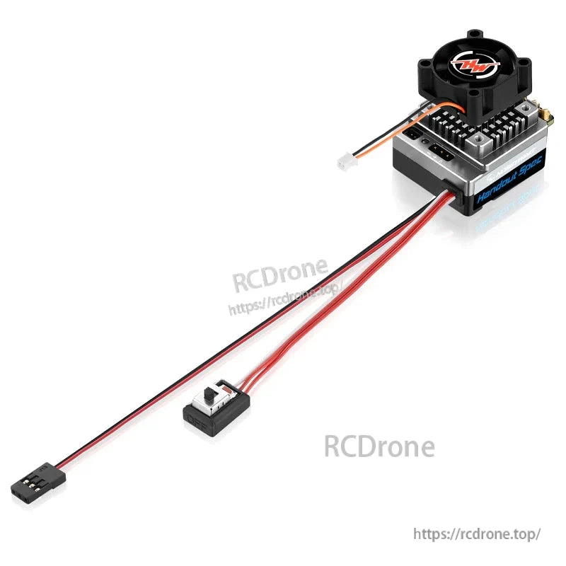 HOBBYWING XeRun Justock HandOut Spec Motor, Hobbywing XeRun Handout Spec RC ESC with cooling fan, heatsink, on/off switch, and power leads