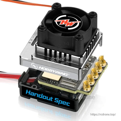 HOBBYWING XeRun Justock HandOut Spec Motor, Hobbywing Handout Spec RC electronic speed controller with cooling fan and gold bullet motor connectors