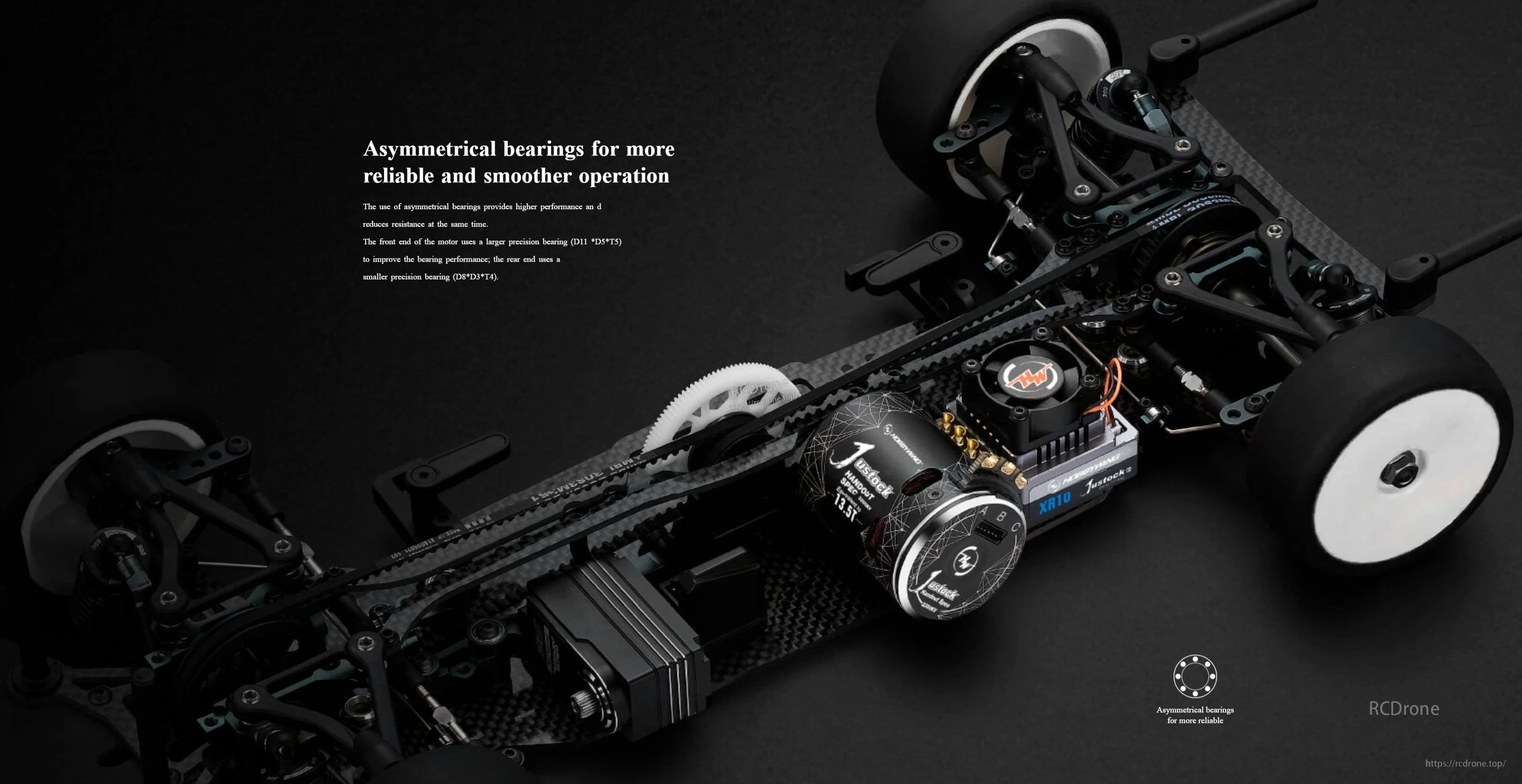 HOBBYWING XeRun Justock HandOut Spec Motor, HOBBYWING XeRun Justock 13.5T brushless motor installed on an RC touring car chassis next to XR10 Justock ESC