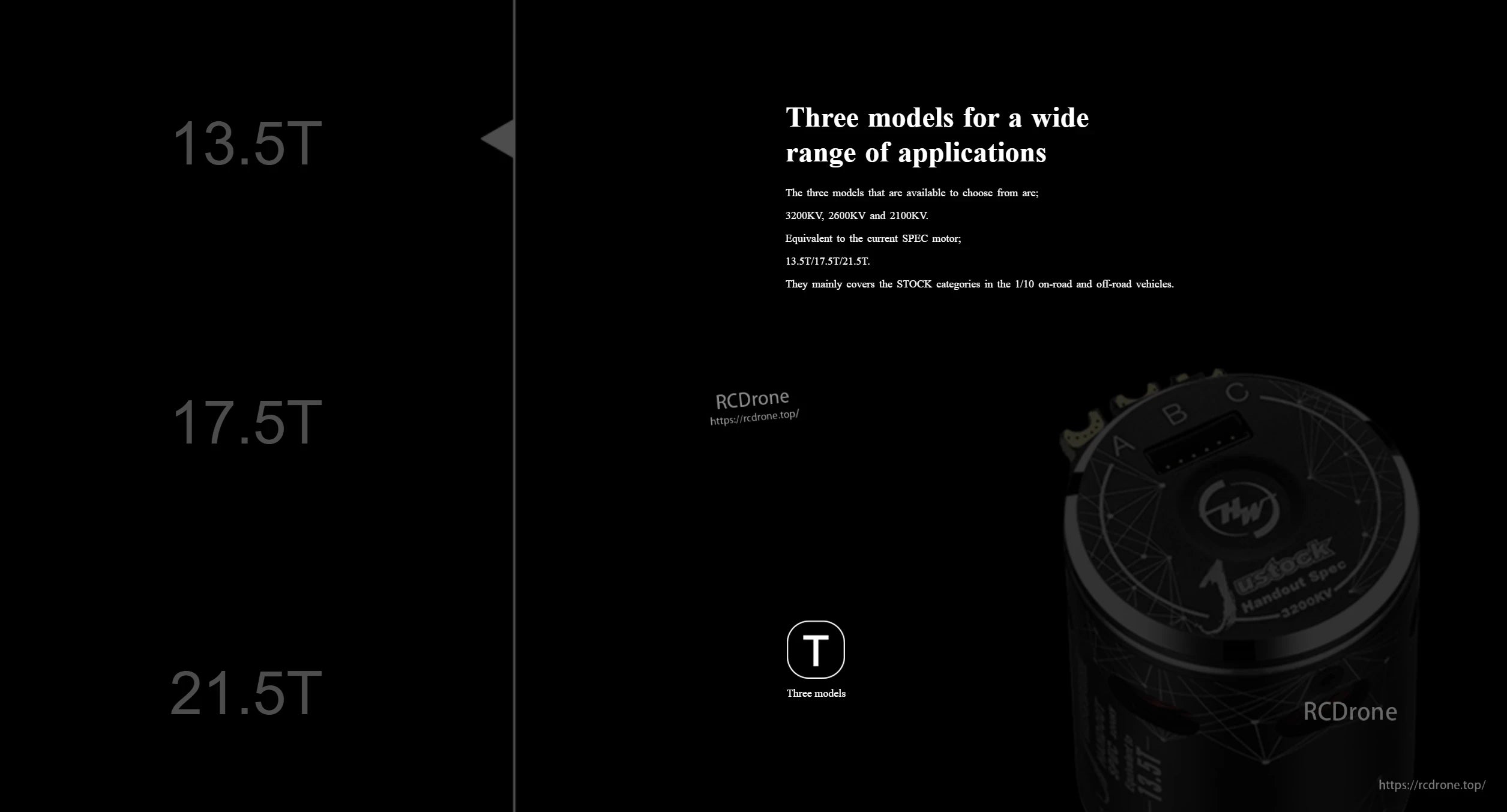 Hobbywing XeRun Justock Handout Spec motor models list showing 13.5T, 17.5T and 21.5T options