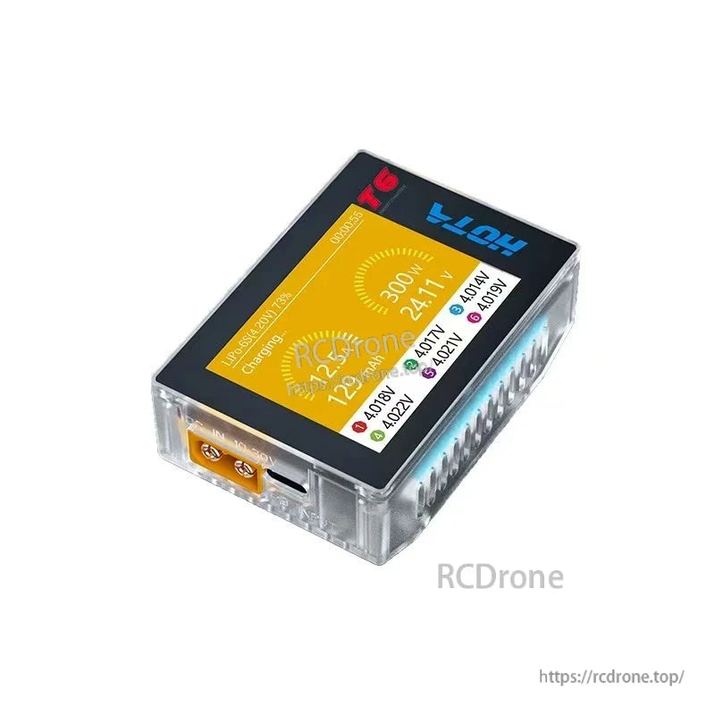 Top angled view showing XT60 output connector end and touchscreen display on the charger body