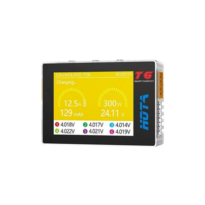 HOTA T6 300W PD/DC Smart Charger front view with color screen showing charging status and cell voltages