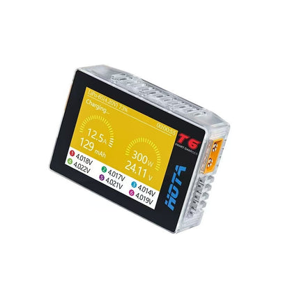Angled view of HOTA T6 smart charger with transparent case, side vents, and screen charging readout