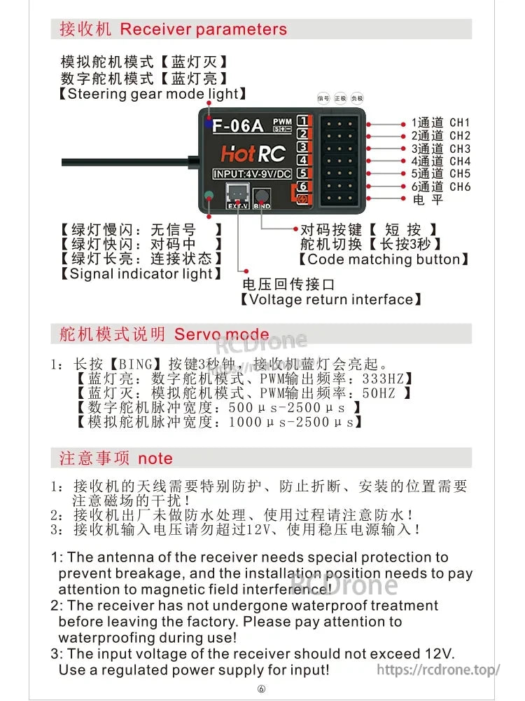 HOTRC DS-600 Transmitter, HOTRC F-06A receiver features channel outputs, signal indicators, servo modes, voltage return, code matching, mode switching, antenna care, waterproofing, and voltage safety guidelines.