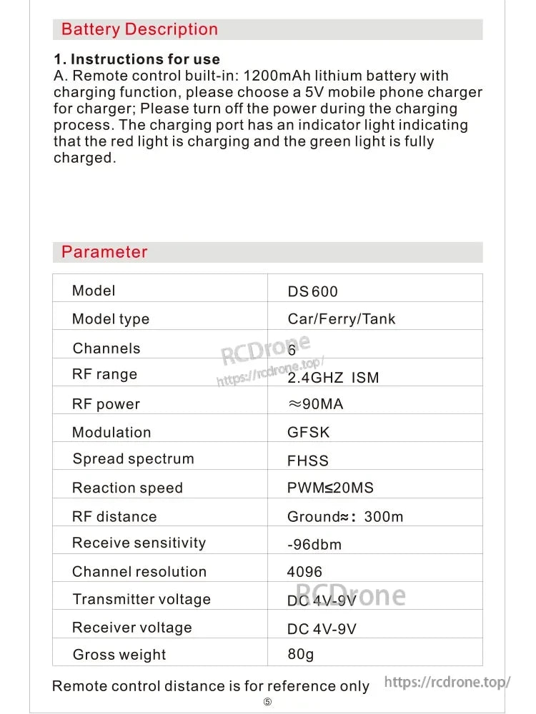 HOTRC DS-600 Transmitter, HOTRC DS600 transmitter: 1200mAh battery, 6-channel 2.4GHz with GFSK/FHSS, 300m range, DC 4V–9V. Charging status via LED. Compact, reliable RC control.