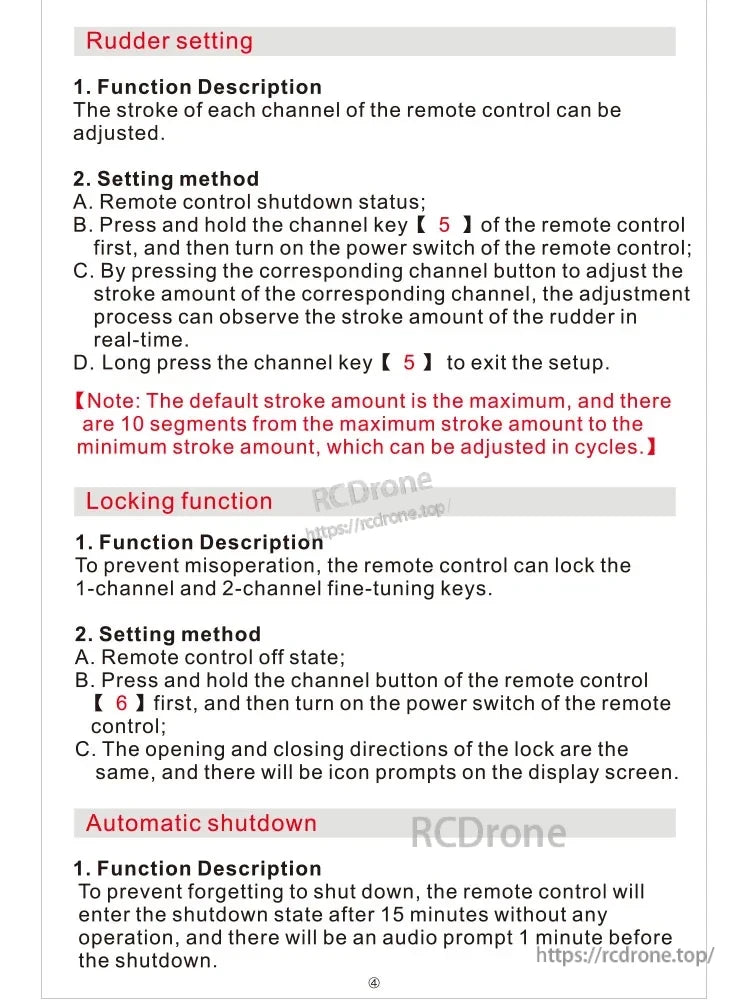 HOTRC DS-600 Transmitter, Rudder adjusts via key 5; key 6 locks tuning. Auto-shutdown after 15 minutes inactivity with 1-minute audio warning.